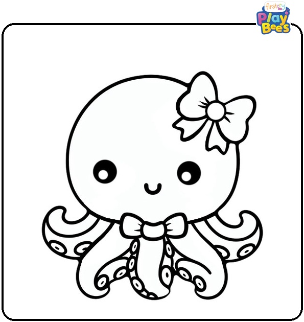 Kawaii Octopus with a Bow Coloring Page Kawaii Octopus with a Bow Coloring Page