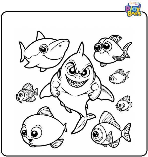 Mighty Sharks and Funny Fish Coloring Page Mighty Sharks and Funny Fish Coloring Page
