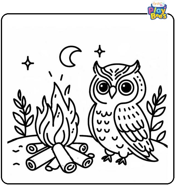 Owl & Bonfire Coloring Page