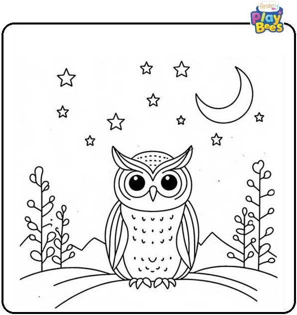 Owl Under the Stars Coloring Page