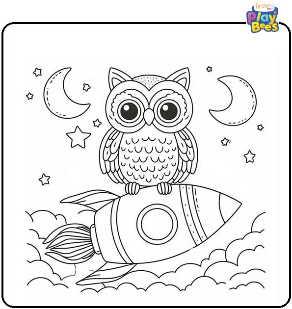 Owl on Rocket Coloring Page
