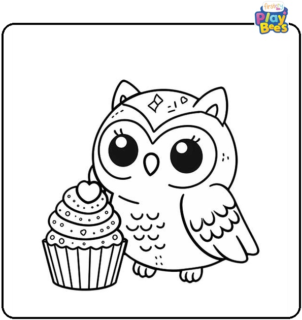 Owl with a Cupcake Coloring Page
