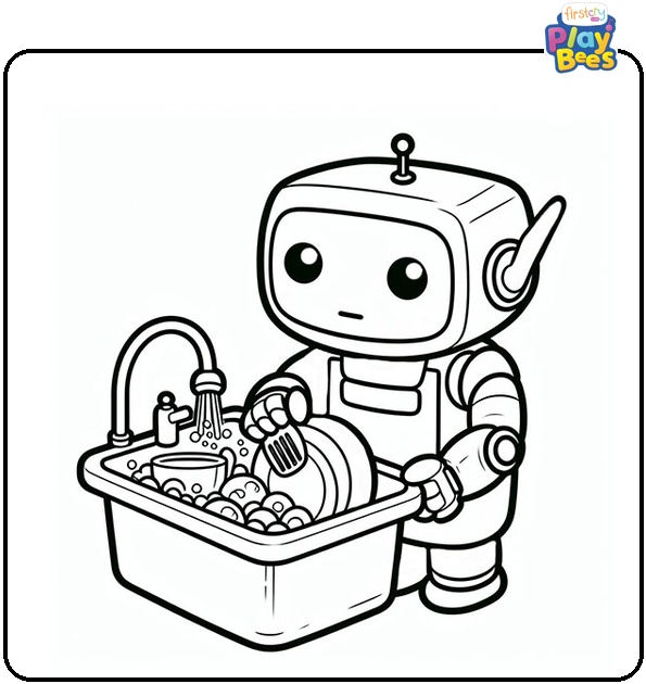 Robot Washing Utensils Coloring Page Robot Washing Utensils Coloring Page