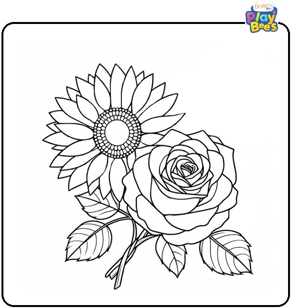 Sunflower and Roses Coloring Page