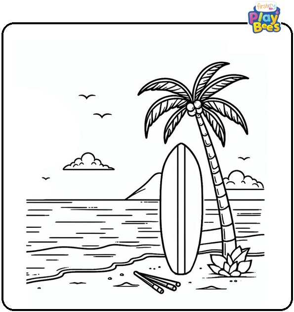 Surfboard at Beach Coloring Page Surfboard at Beach Coloring Page