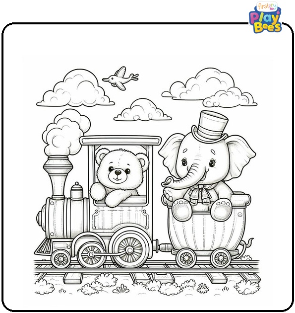 Teddy Bear And Elephant Travelling On Train Coloring Page