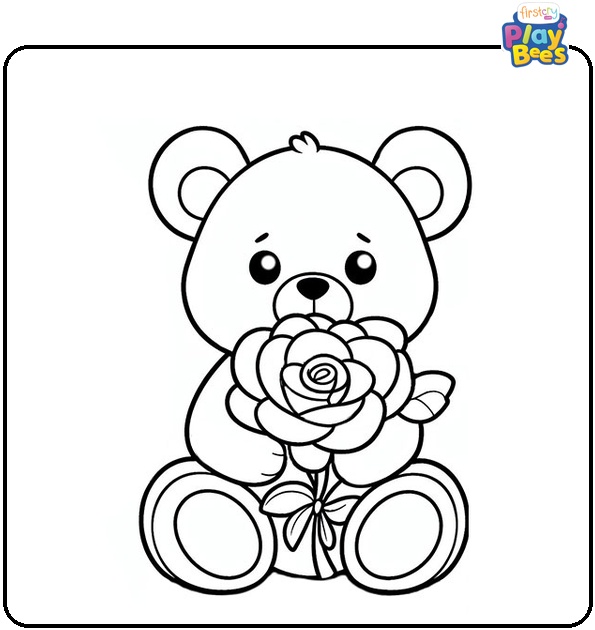 Teddy Bear Clutching a Rose Coloring Page