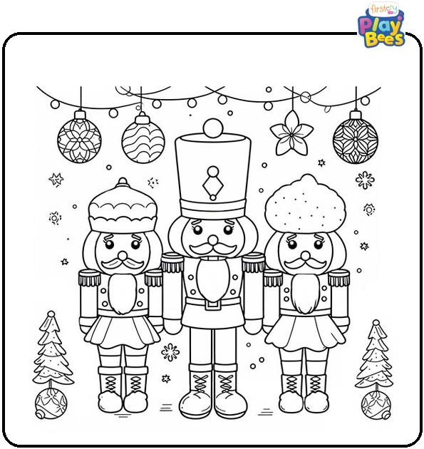Three Nutcrackers With Christmas Ornaments Coloring Page Three Nutcrackers With Christmas Ornaments Coloring Page