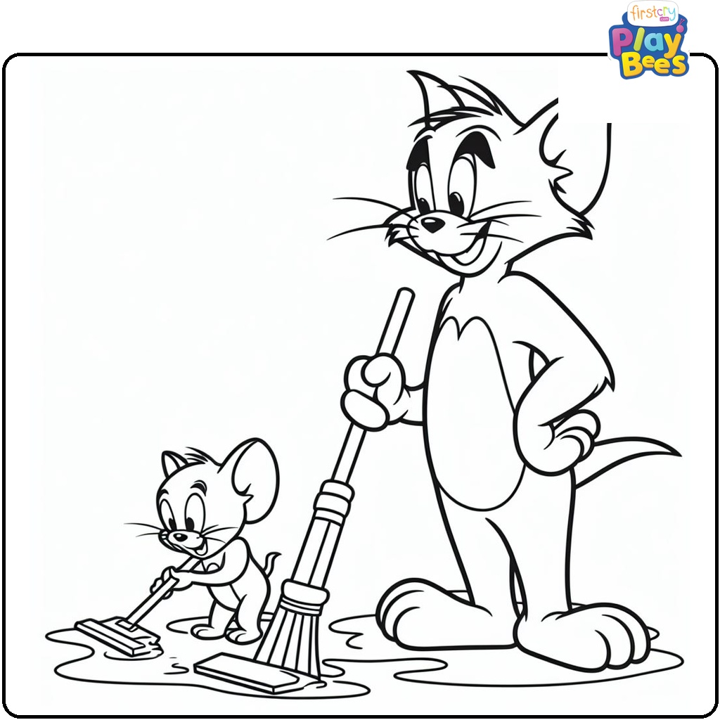 Tom and Jerry Cleaning the Floors Coloring Page