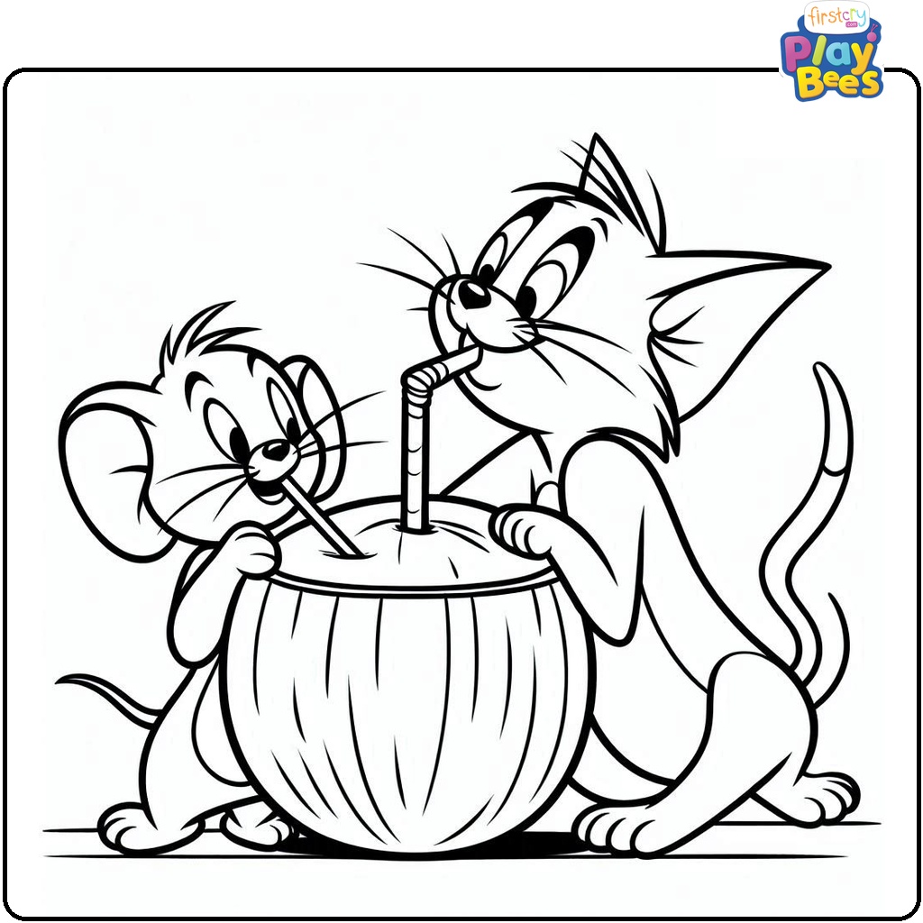 Tom and Jerry Drinking a Coconut Cocktail Coloring Page