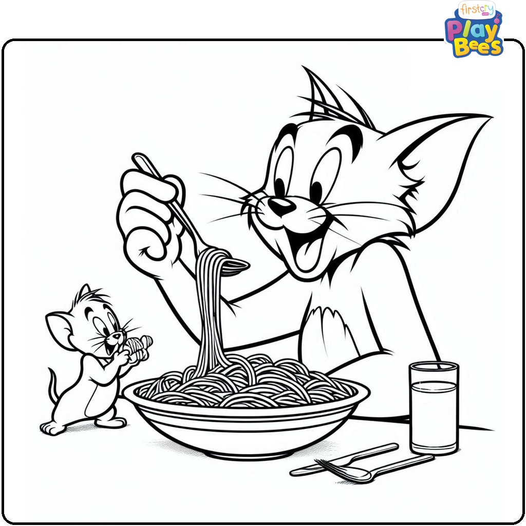 Tom and Jerry Eating Pasta Coloring Page