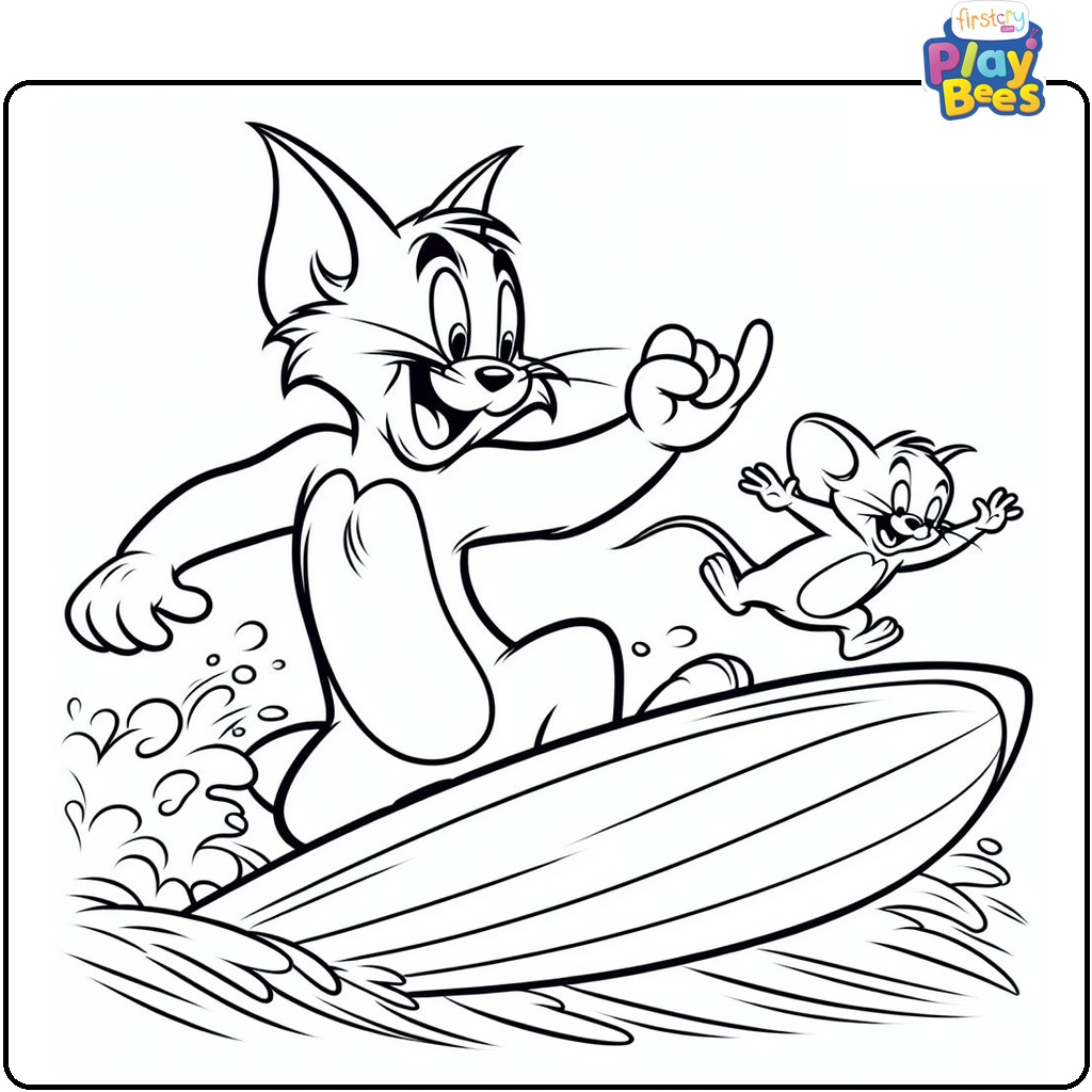 Tom and Jerry Surfing Coloring Page