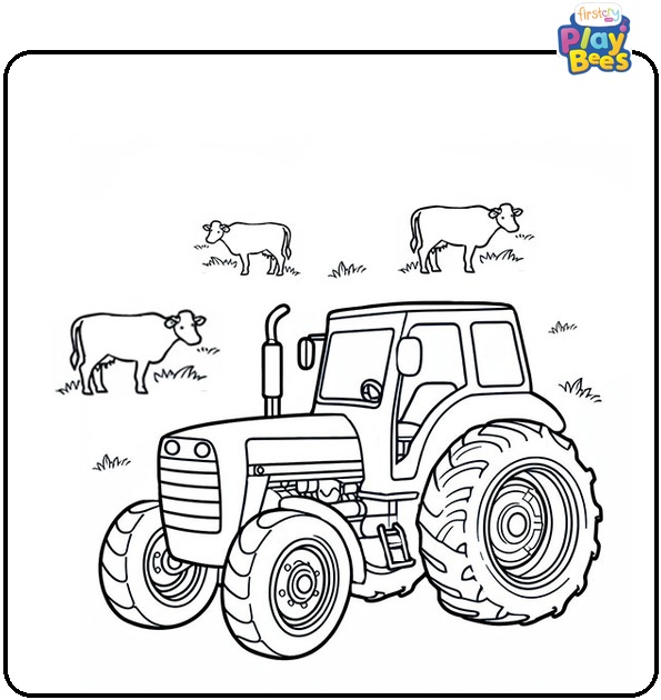 Tractor With Cows In The Background Coloring Page