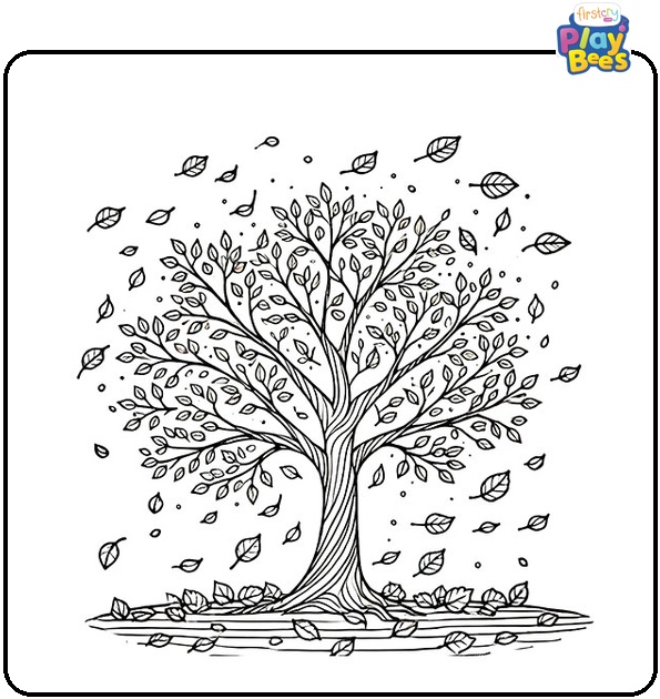 Autumn Tree With Falling Leaves Coloring Page Autumn Tree With Falling Leaves Coloring Page