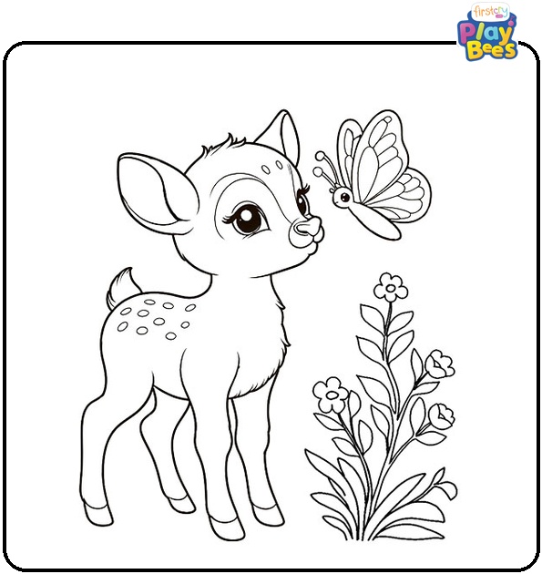 Baby Deer with Butterfly Coloring Page