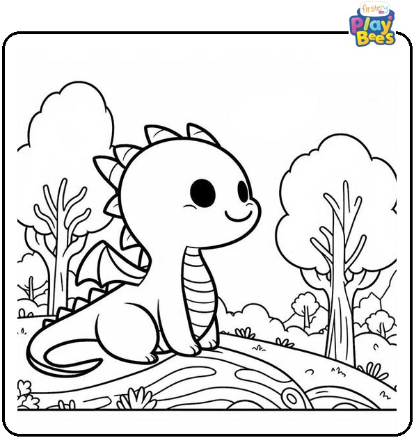 Baby Dragon in the Forest Colouring Page