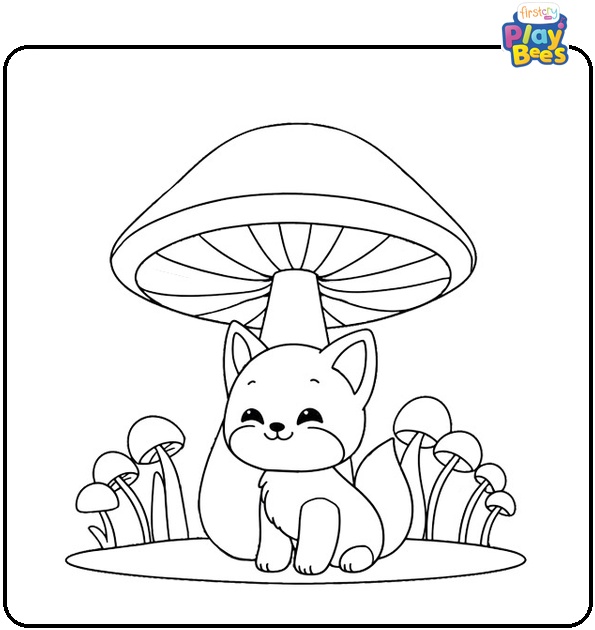 Baby Fox Near Mushroom Coloring Page