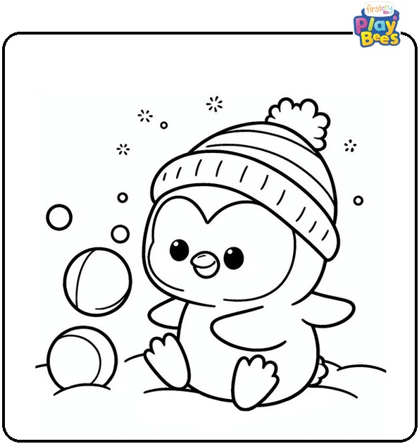Baby Penguin with Snowballs Coloring Page