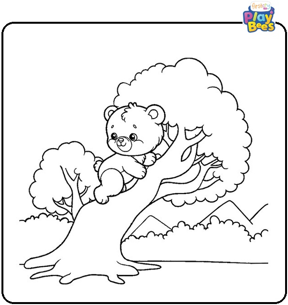 Baby Bear Playing on a Tree Coloring Page