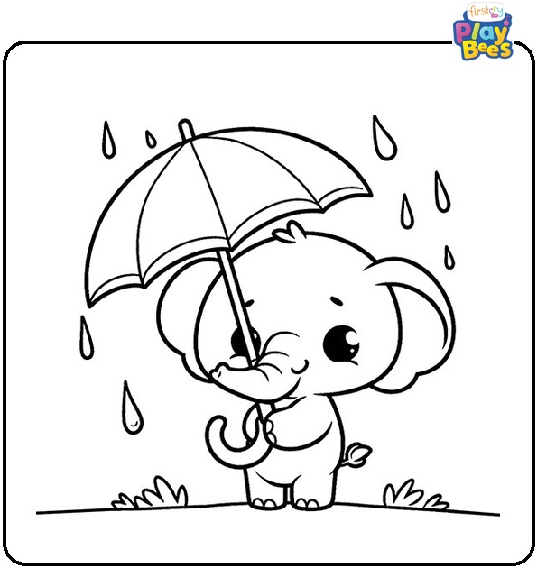 Baby elephant holding an umbrella in the rain Coloring Page