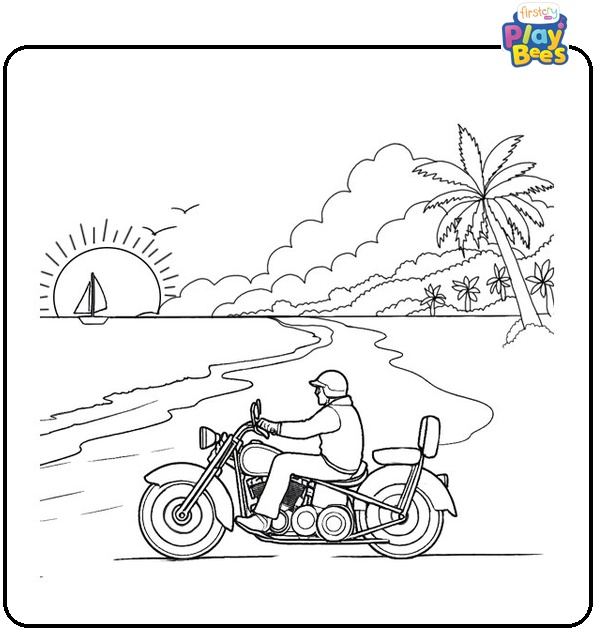 Beach-side Motorcycle Ride Coloring Page