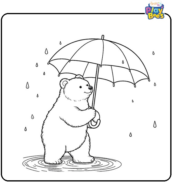 Bear Standing in Puddle Holding Umbrella Coloring Page