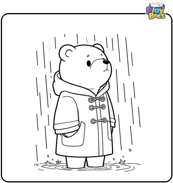 Bear Wearing Raincoat in the Rain Coloring Page