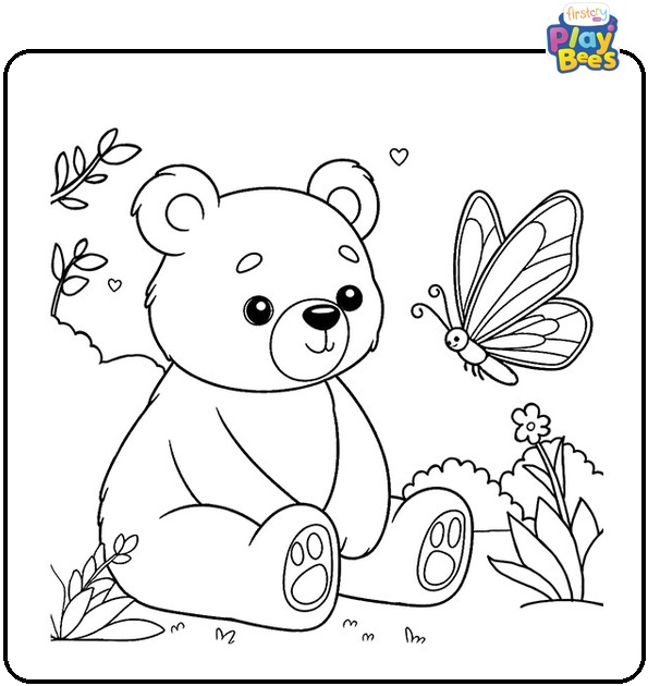 Bear and Butterfly in a Garden Coloring Page