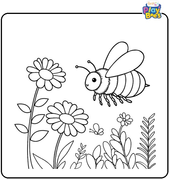 Bee Flying Near a Flower in May Coloring Page
