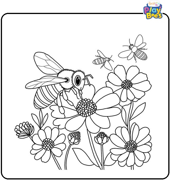 Bees And Flowers Coloring Page