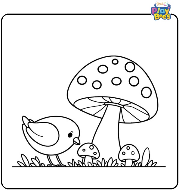 Bird Pecking at a Mushroom Coloring Page