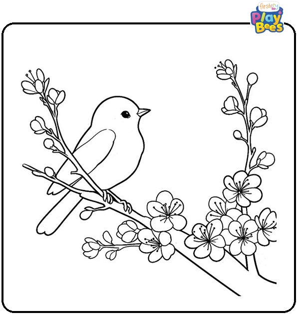 Bird Sitting in a Blooming Tree May Coloring Page