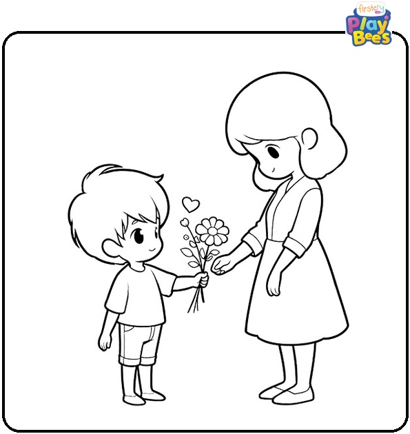 Boy Giving Flower to Mom Coloring Page