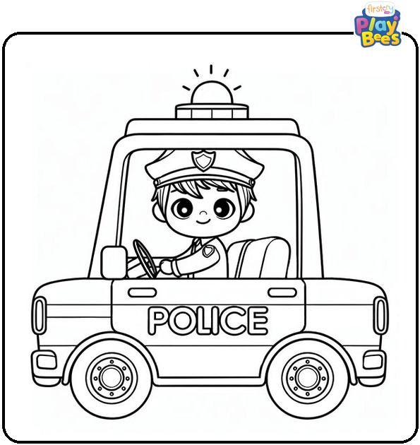 Boy in the Police Car Coloring Page