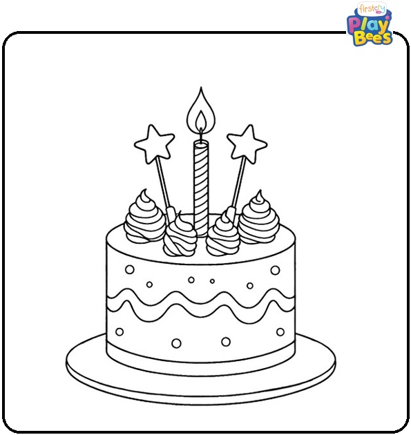 Cake with Star Toppers and Candle Coloring Page