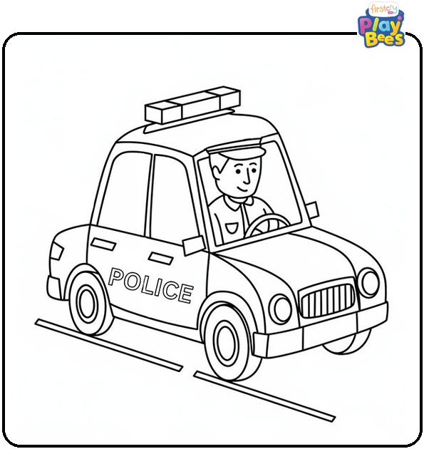 Cartoon Policeman in the Car Coloring Page