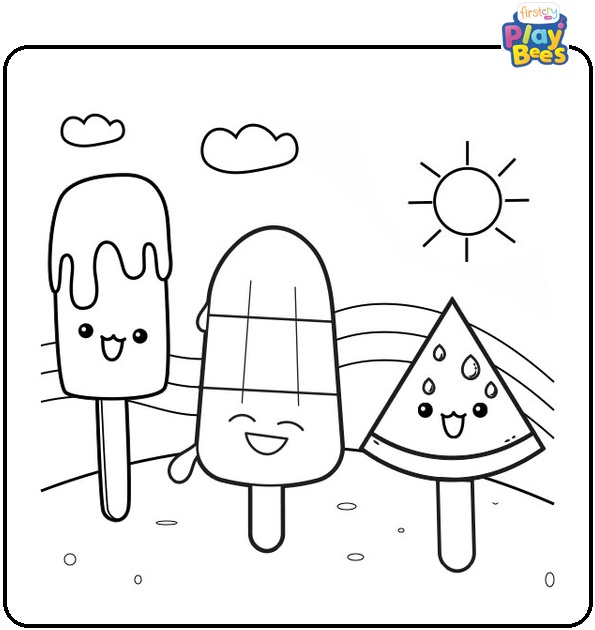 Cartoon Popsicle, Watermelon, And Ice Cream On A Beach Coloring Page