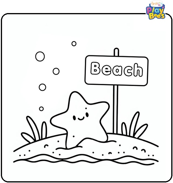Cartoon Starfish Underwater With Beach Sign Coloring Page
