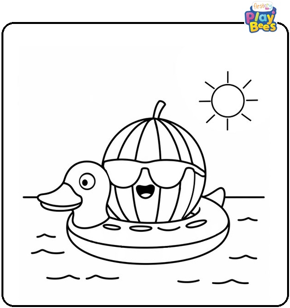 Cartoon Watermelon in Duck Beach Float Coloring Page