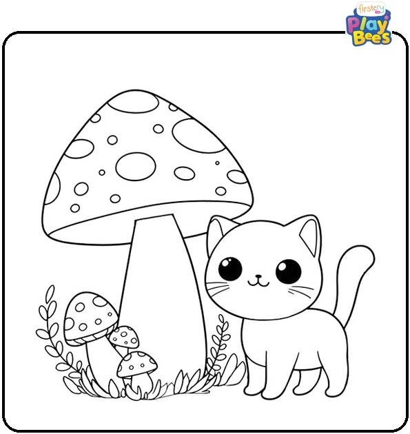Cat and Mushrooms Coloring Page