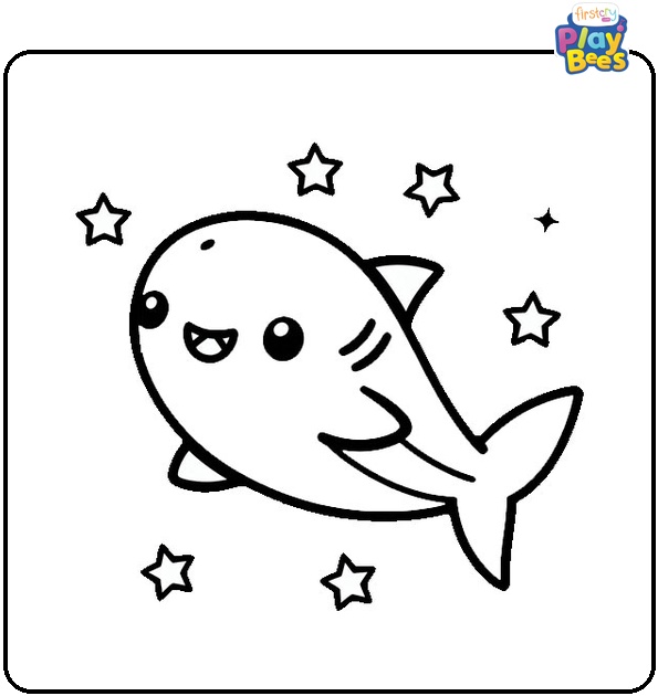 Chibi Shark With Stars Colouring Page