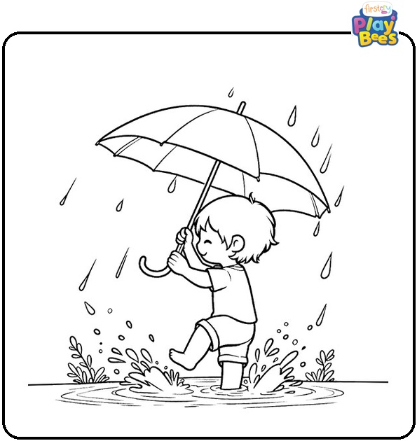 Child Splashing Water In Rain Coloring Page