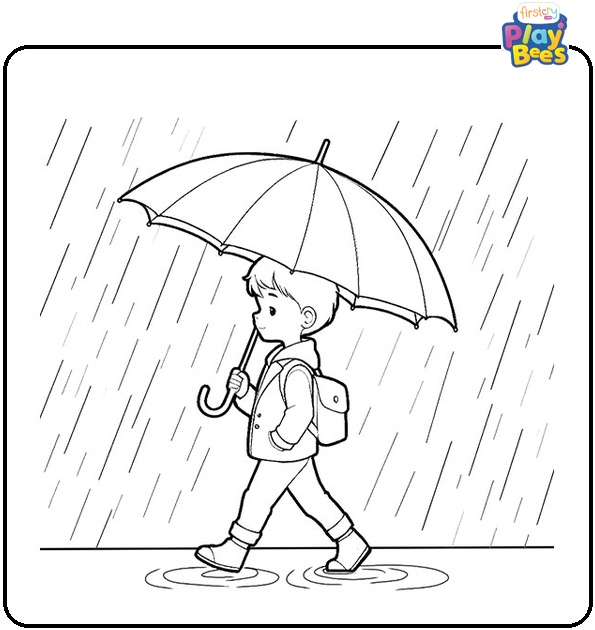 Child walking in the rain holding an umbrella Coloring Page