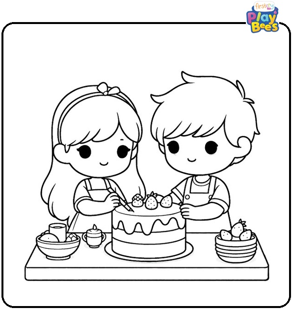 Children Baking Cake Coloring Page