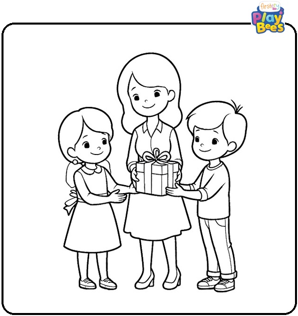 Children Giving Gift To Mother Coloring Page