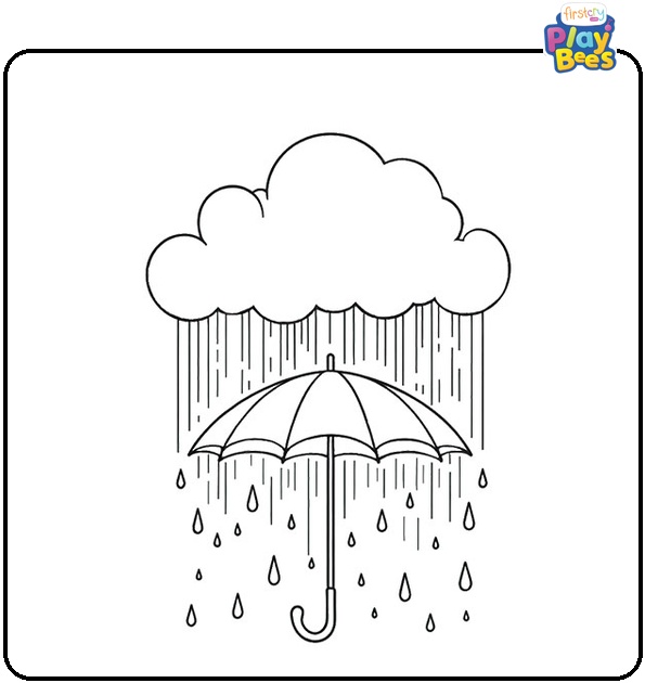 Cloud Dropping Raindrops Over Umbrella Coloring Page