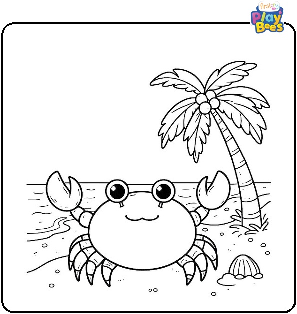Crab On A Beach With Coconut Tree Summer Coloring Page