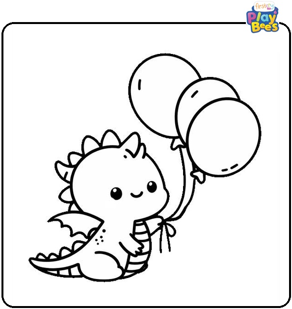 Cute Dragon with Balloons Colouring Page