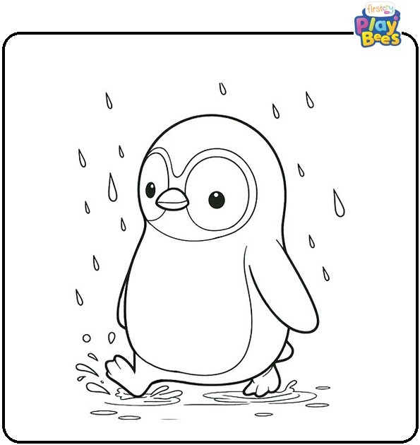 Cute Penguin Walking in the Rain Coloring Page
