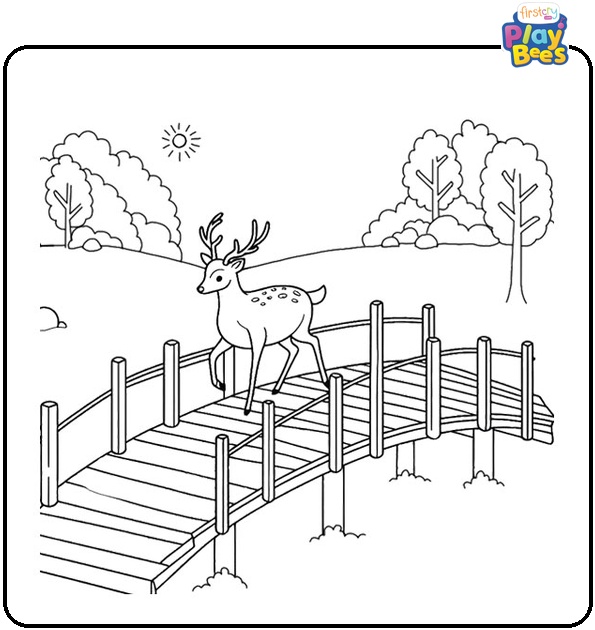 Deer Crossing a Wooden Bridge Coloring Page